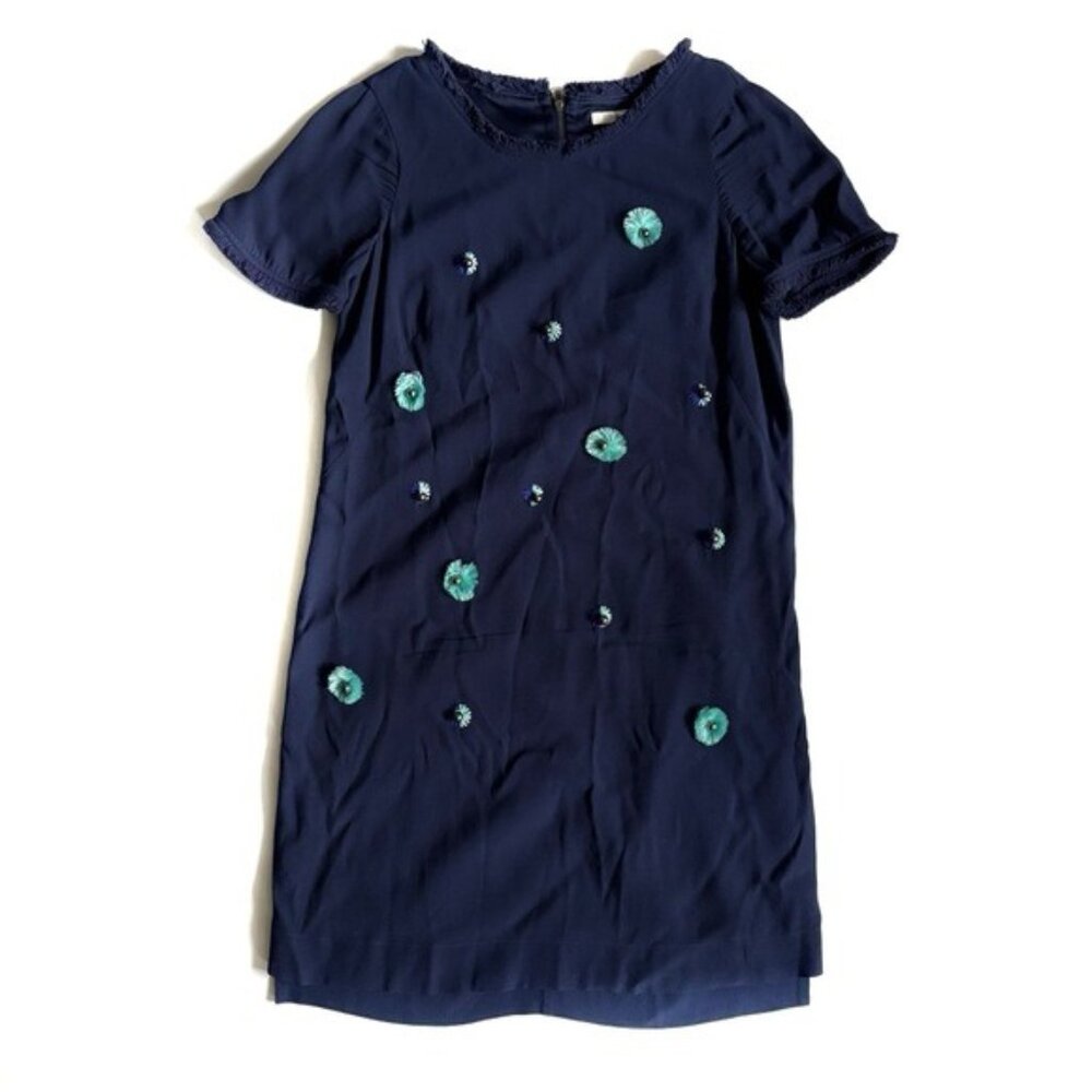 Boden Navy Blue with Turquoise Embroidered Detail Short Sleeve Shift Dress - 2